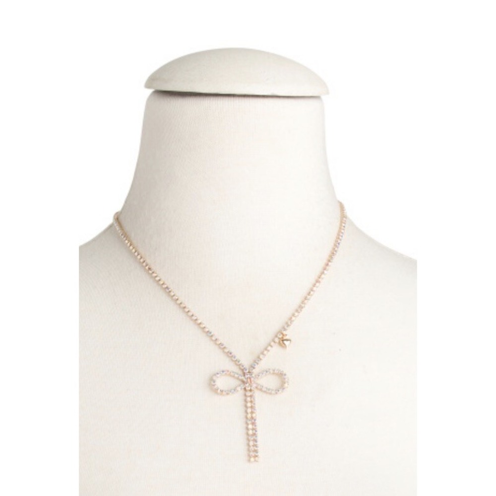 Betsey Johnson Gold Tone Iridescent Crystal Cup Chain Necklace Bow Pendant NWT